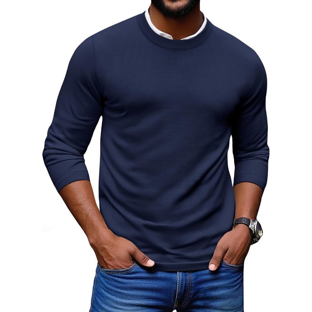 Coofandy Men Navy Blue Crew Neck Pullover Long Sleeve Lightweight Dress Sweater